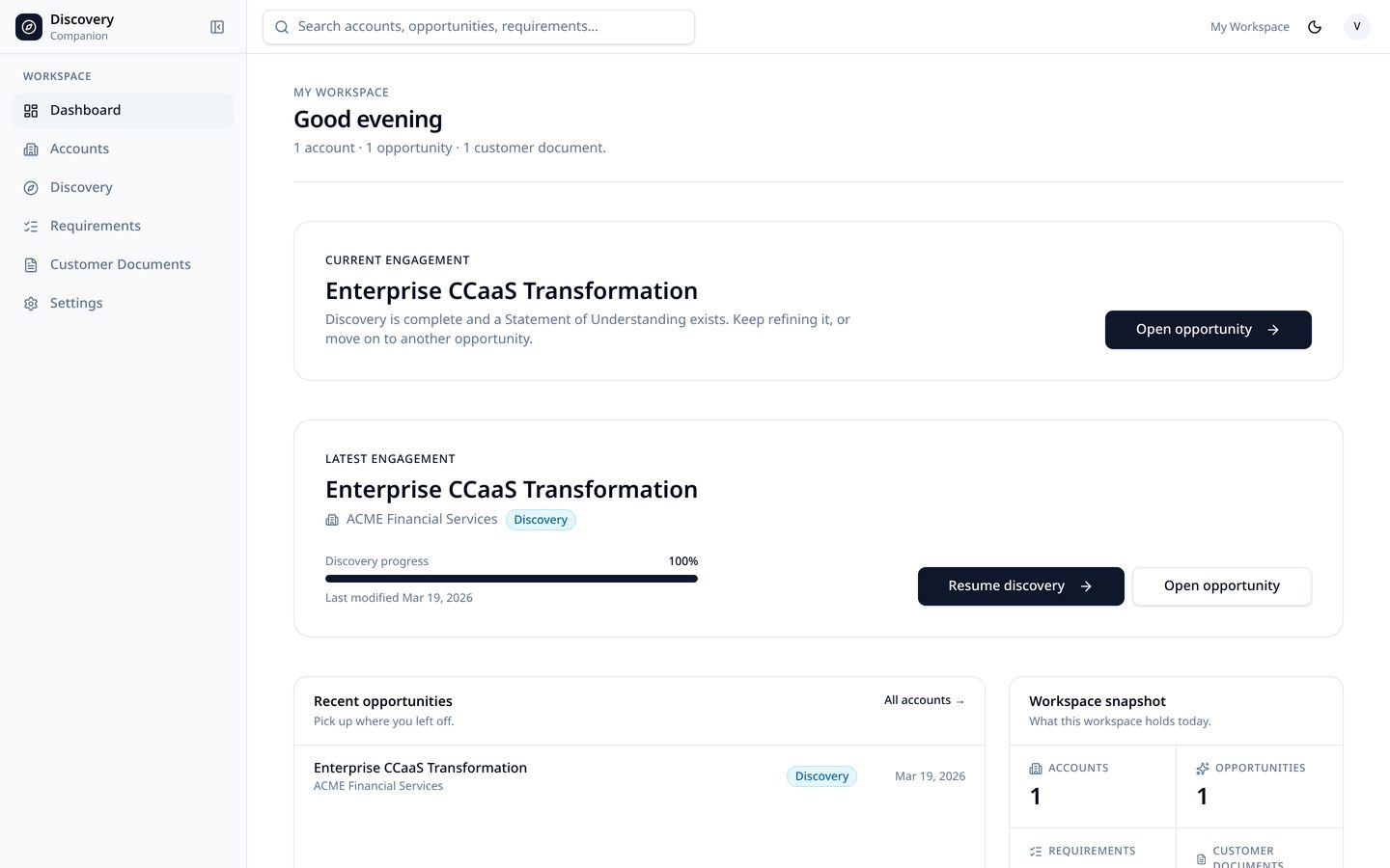 The Discovery Companion workspace showing accounts and opportunities.